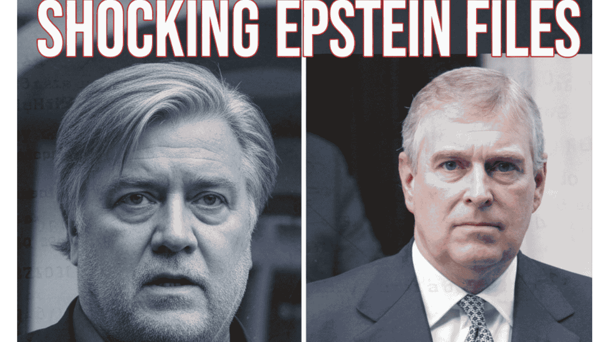 A split-screen landscape news graphic featuring Steve Bannon on the left and Prince Andrew on the right, overlaid with bold text reading "SHOCKING EPSTEIN FILES: NEW PHOTOS UNMASK ELITE SECRETS" against a backdrop of redacted government documents.